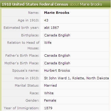 Image  of 1910 US Census Documenting Marie Brooks in  Brooks Household in St. John ND